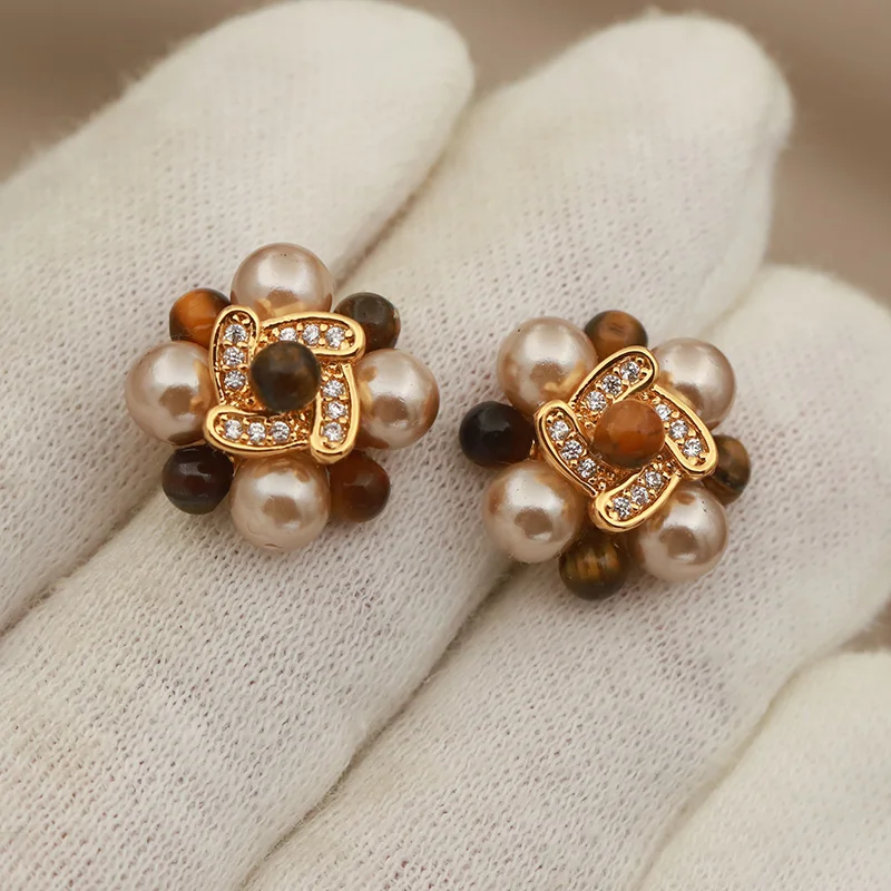 New Sight Design Elegant Crystal Flower Stud Earrings for Women Fashion Brand Jewelry Vintage Pearl Beads Earrings