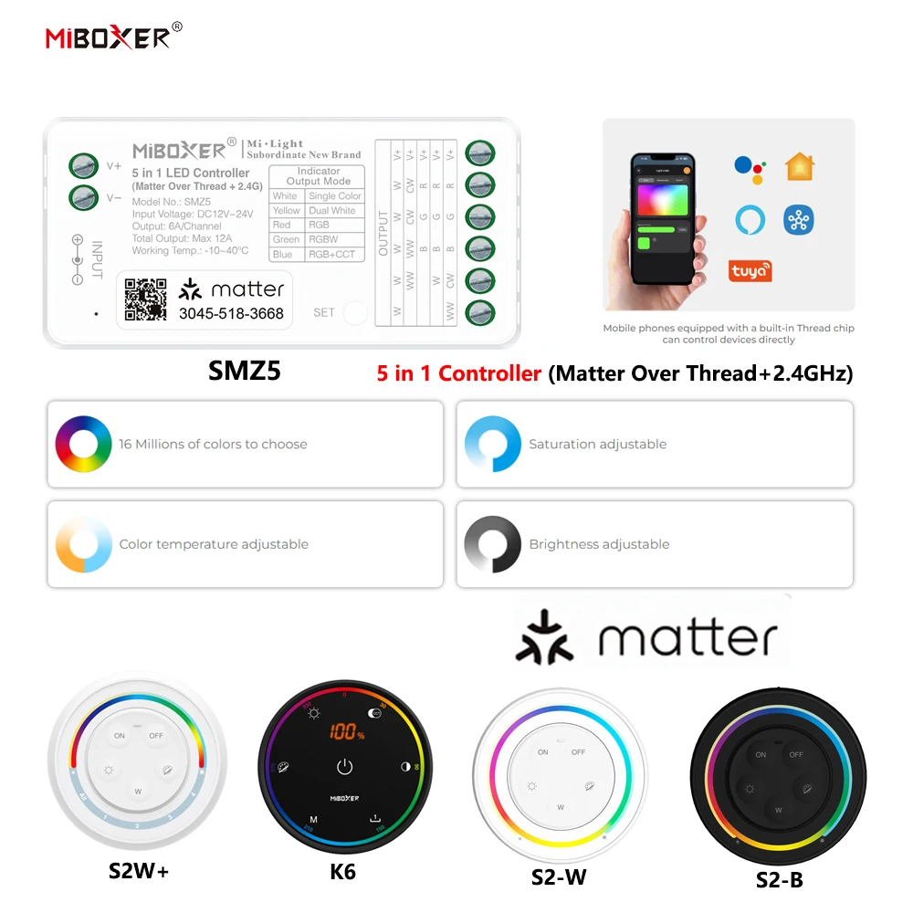 miboxer-smz5-k6-s2w-dc12-24v-5in1-matter-over-thread-24ghz-tuyaアプリ対応-wifiコントローラー-シングル-ダブルカラー-rgbcct-ledストリップライト