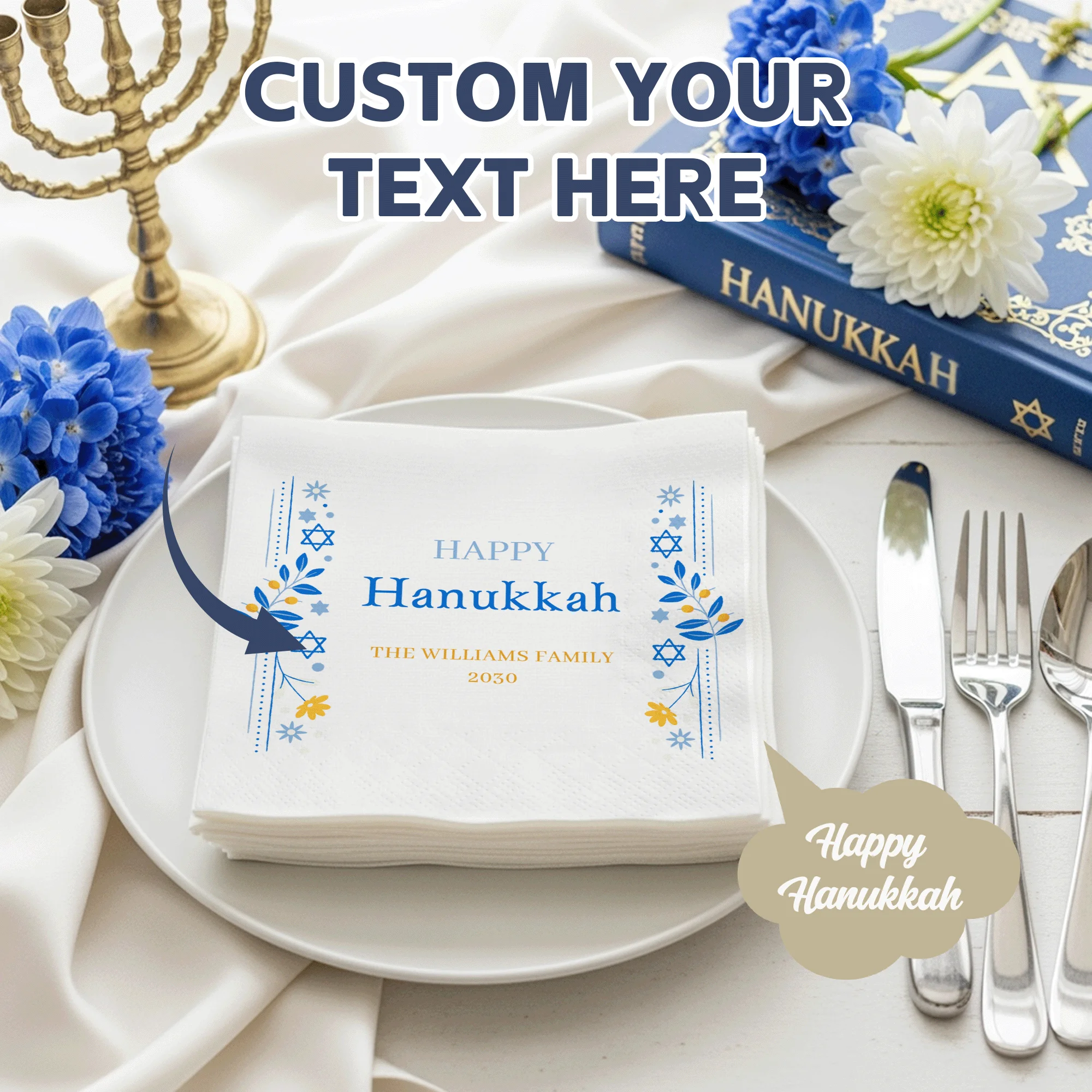 

Personalized Paper Napkins for Hanukkah 50-500pcs Custom Napkins of Your Text Disposable Napkins for Hanukkah Baptism