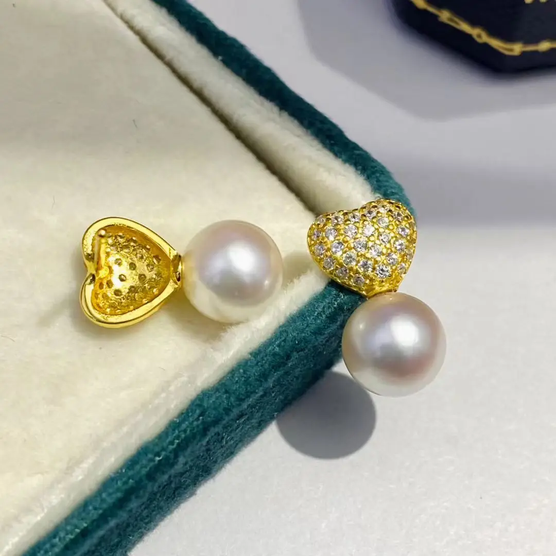 

Heart Shape S925 Sterling Silver Earrings Mount Findings Settings Base Mounting Parts Accessory for 7-8mm Pearls 5 pairs/lot