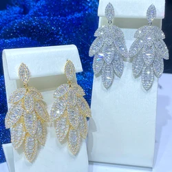 Trendy Gold Color With Silver Leaf Dangle Earrings For Women Luxury Cubic Zirconia Micro Setting Bridal Wedding Jewelry 00086