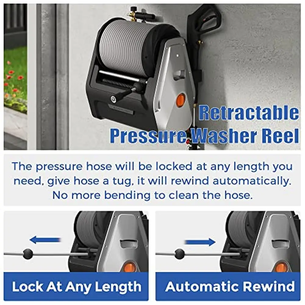 

Wall Mount Pressure Washer 2200PSI 2.4GPM 100FT Retractable Hose Integrated Storage Design TSS System 4 Quick Connect Nozzles