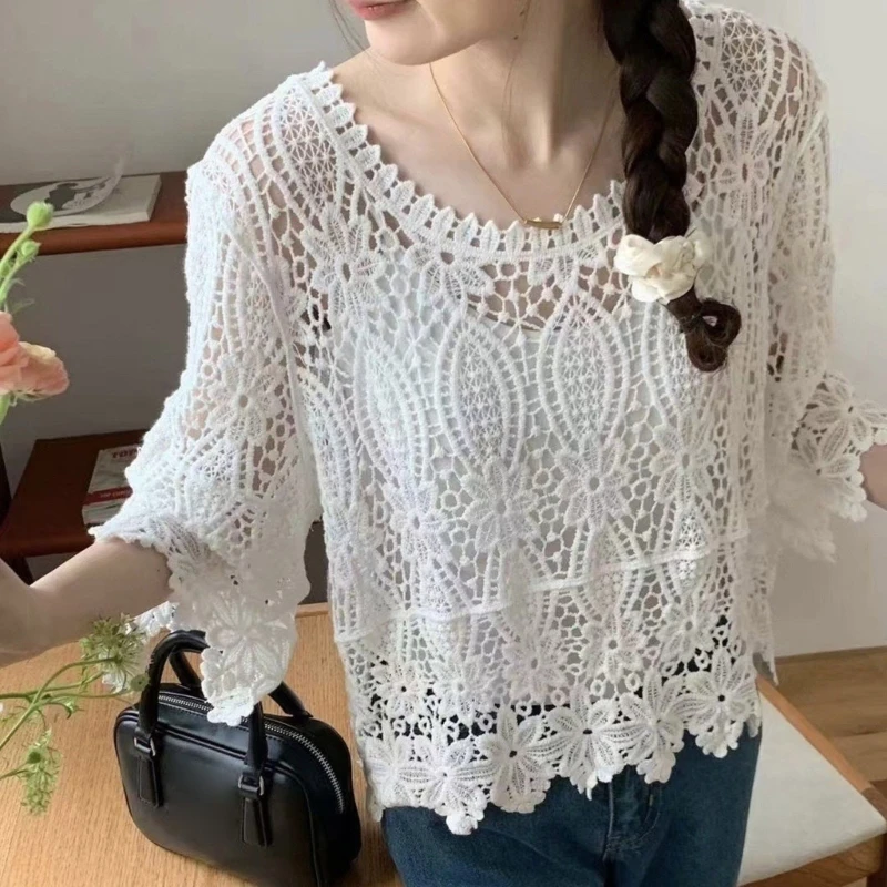Women's Crochet Beach Swimsuits Cover Up Hollow Out Mesh Long Sleeve Shirt Pullover Top Sexy Summer Outfits N7YE