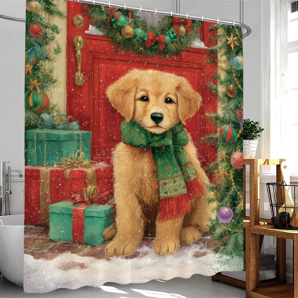 

Merry Christmas Shower Curtain, Bathroom Decorative Christmas dog Shower Curtain, Waterproof Shower Curtain with Hooks