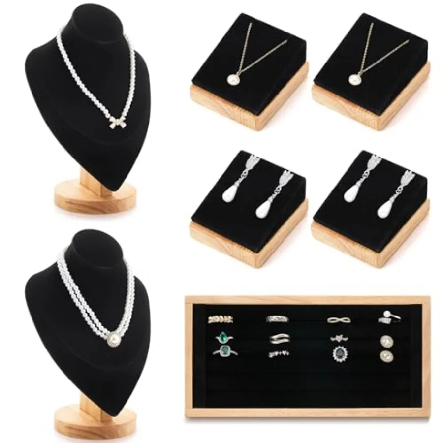 

7 Pcs Velvet Jewelry Bust Display for Vendors with Bamboo Stand Set Necklace Display Stand Bamboo Ring Earring Organizer Christ
