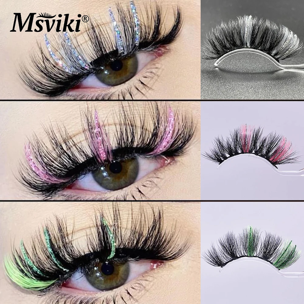 5D Fluffy 18-22MM Glitter Mink Lashes 1 Pair Party Colored Mink Eyelashes Box Package Rainbow Pink White Fake Eyelashes Makeup