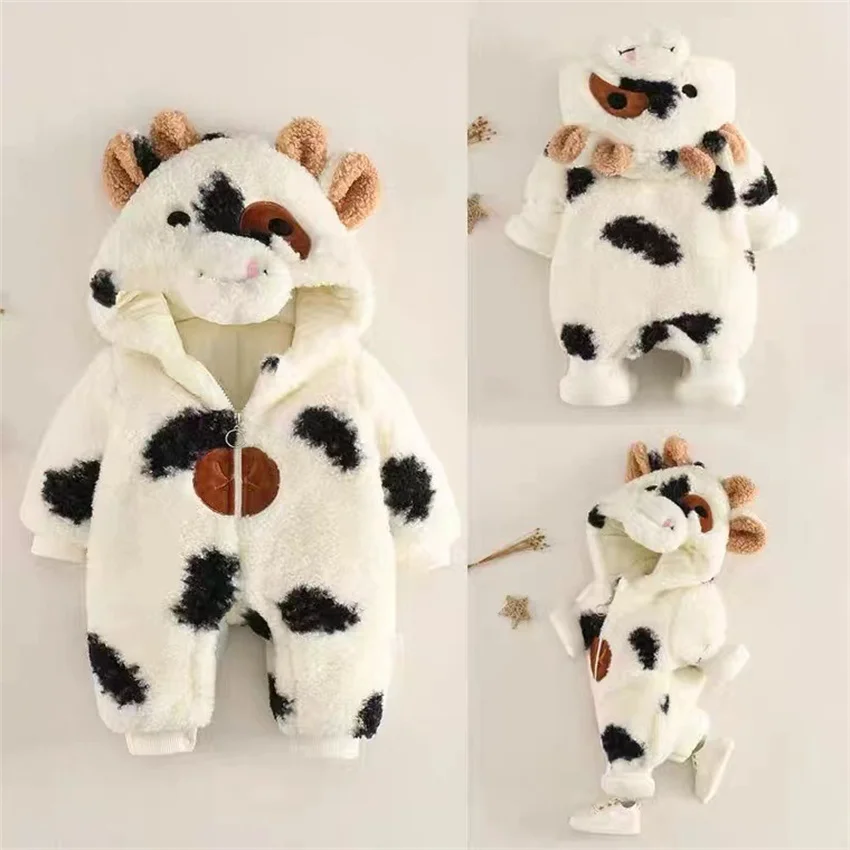 

Baby Newborn Winter Cute Cow Thickened Out bodysuits & One-Pieces Newborn Warm Lamb Wool Hugging Clothes For 0-3 Years Old