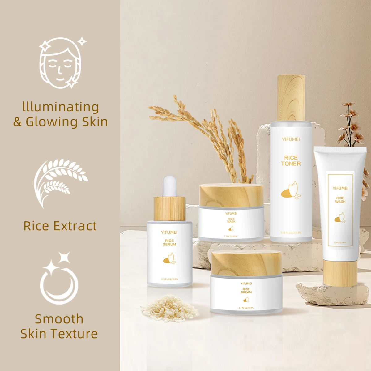 Extracto de Arroz, Mascarilla Facial Humectante Natural Orgánica, Suero, Crema, Limpiador Facial, Tónico, Set de Cuidado Facial de Arroz para Todo Tipo de Piel