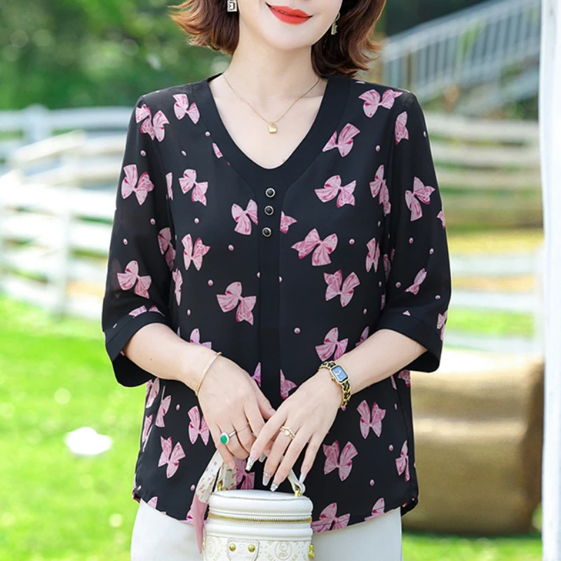 Bow Pattern Shirt 2024 Chiffon Patchwork Half Sleeved Women\'s Shirt New Casual Top Plus Size Summer Clothing