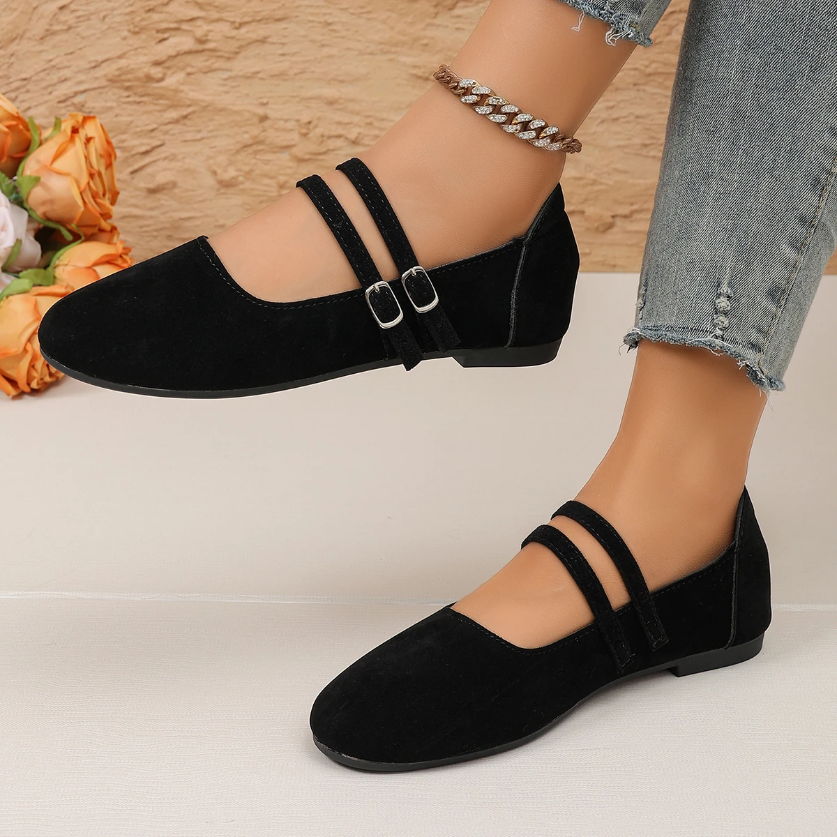 Damen Mary Jane Ballerinas mit doppeltem Riemen, runder Zehenpartie und weicher Sohle, Freizeitschuhe – Detail 9