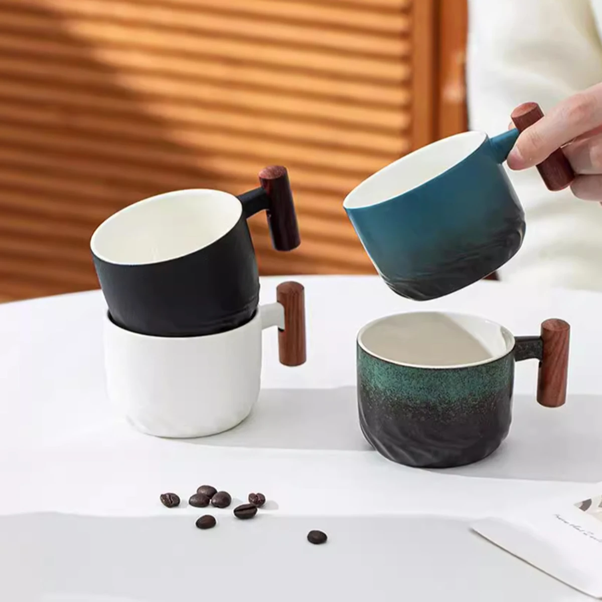 

1PC Creative Handmade Exquisite Coffee Cup Vintage Coffee Cup With Wooden Handle Mug Cups Mugs Drinkware Kitchen Dining Bar Home