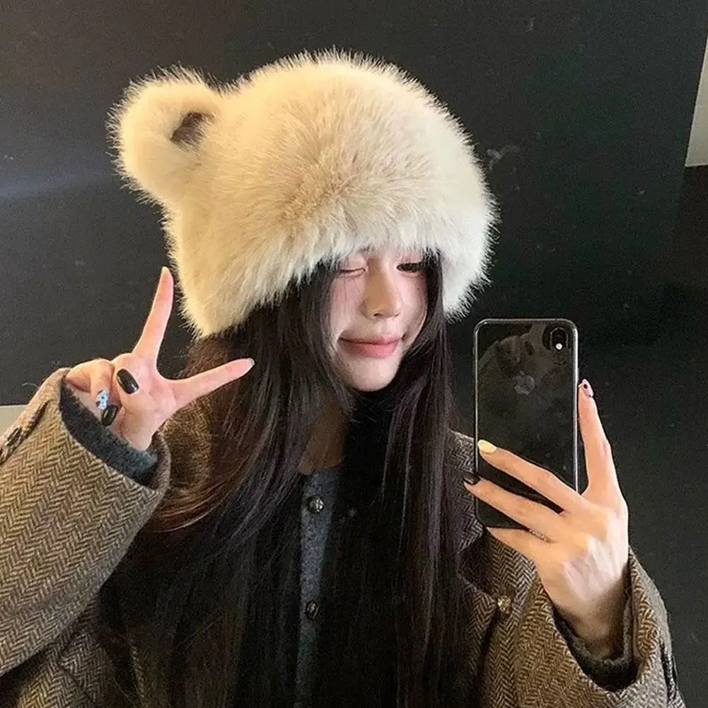 

Cute Bear Ear Fur Cap Women's Fashion Autumn&Winter Plush Hats Warmer Comfort Slimming Fluffy Skiing Riding Warm Caps