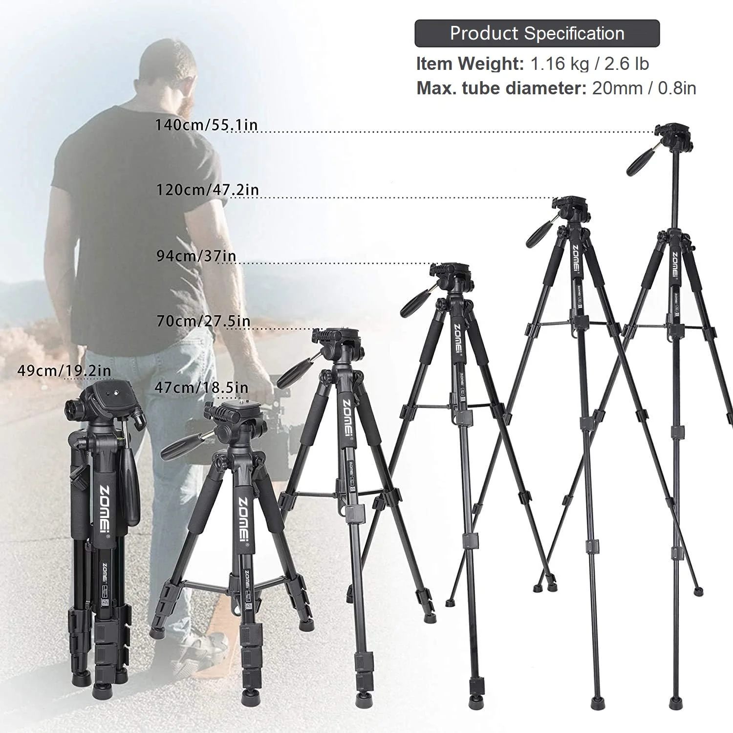 140cm/55inch Lightweight Aluminum Tripod for Video Record, 360°Rotatable Professional Camera Tripod for Mobile Nikon Canon DSLR