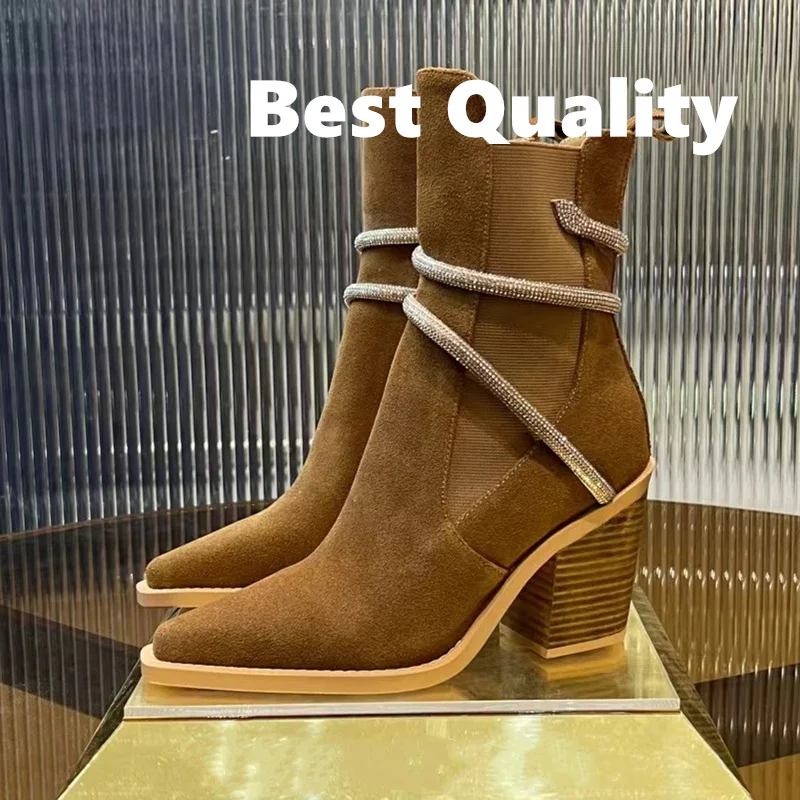 2024 Women's Chelsea Short Boots Sharp pointed and thick heel Snakehead entanglement Cow suede material Party Shoe