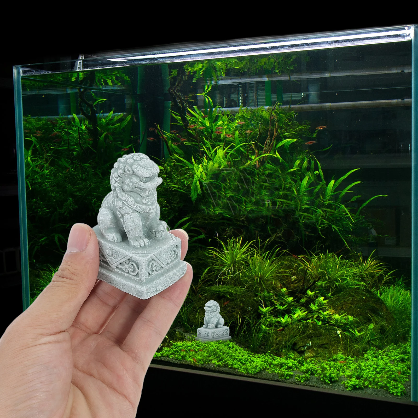 

2pcs Chinese Style Stone Lion Resin Aquarium Fish Tank Ornament Landscape Adornment Non-Fading Water Safe Living Room Study Room