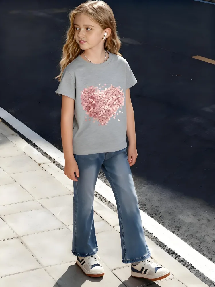 ​ T-Shirt en coton pour enfants, motif de cœurs roses dégradés en forme de cœur, pour garçons et filles, romantique, doux, usage quotidien ​