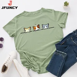 JFUNCY S-5XL Women T-shirts Female Short Sleeve Tee Tops Cute Cat Print Woman Casual Tshirt 2024 Summer Cotton T Shirt
