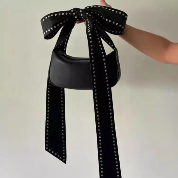 Handheld Shoulder Bag Bowknot Rivet Large Capacity Fashionable Personality Sweet Solid Simple All-matching Zipper