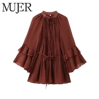 MUJER-Vestidos cortos con volantes para mujer, minivestido fruncido de hadas, vestidos semitransparentes de primavera para mujer, vestido de fiesta suelto para mujer