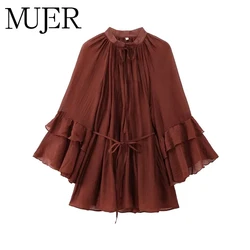 MUJER Ruffle Short Dresses for Women Fairy Ruched Mini Dress Women Spring Semi Sheer Womens Dresses Loose Party Women's Dress
