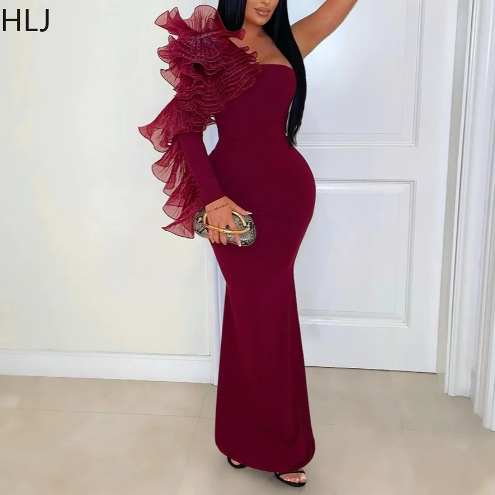 

HLJ Sexy Lotus Leaf Ruched Patchwork Bodycon Dresses Woman One-shoulder Sleeveless Backless Dress Female Party Clubwear Vestidos