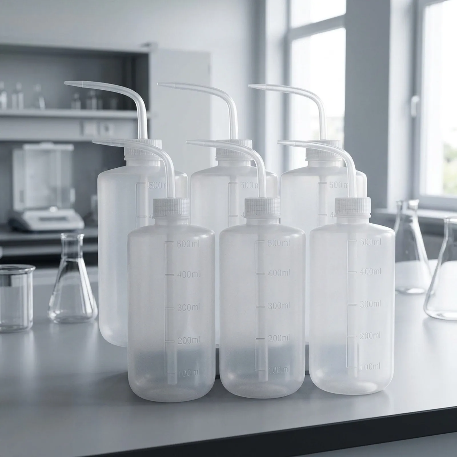500ml LDPE Plastic Wash Bottles 6 Pack with Slanted Neck for Even Dispensing in Laboratory and Cleaning Activities