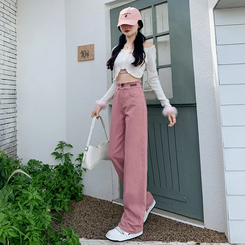 High quality long jeans for women wide leg tassel washing cotton denim casual young ladies vintage trousers - pink