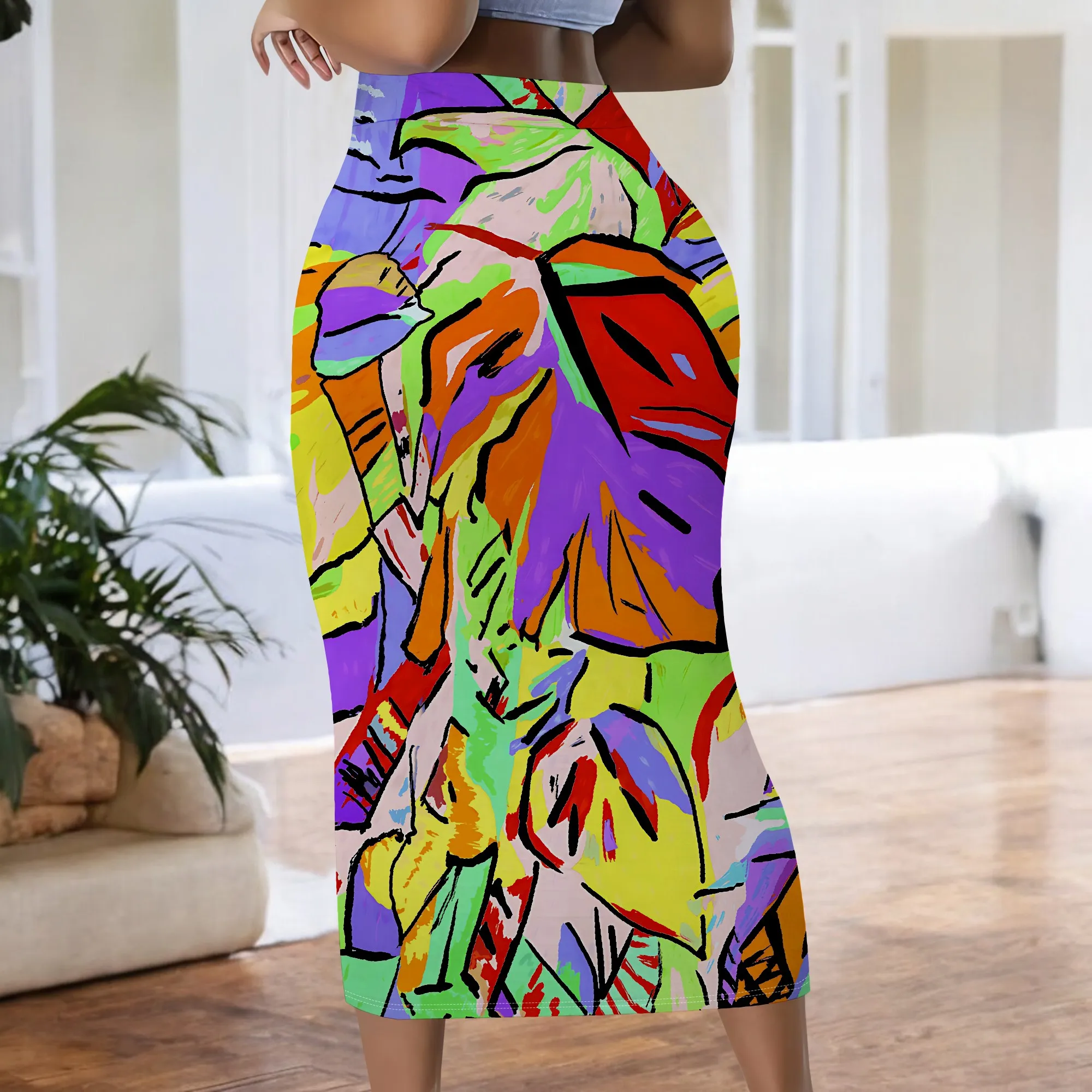Abstrakter, bedruckter Rock, bunte Blätter, tropisches Muster, Midi-Länge, Sommerurlaub, S-2XL – Detail 6