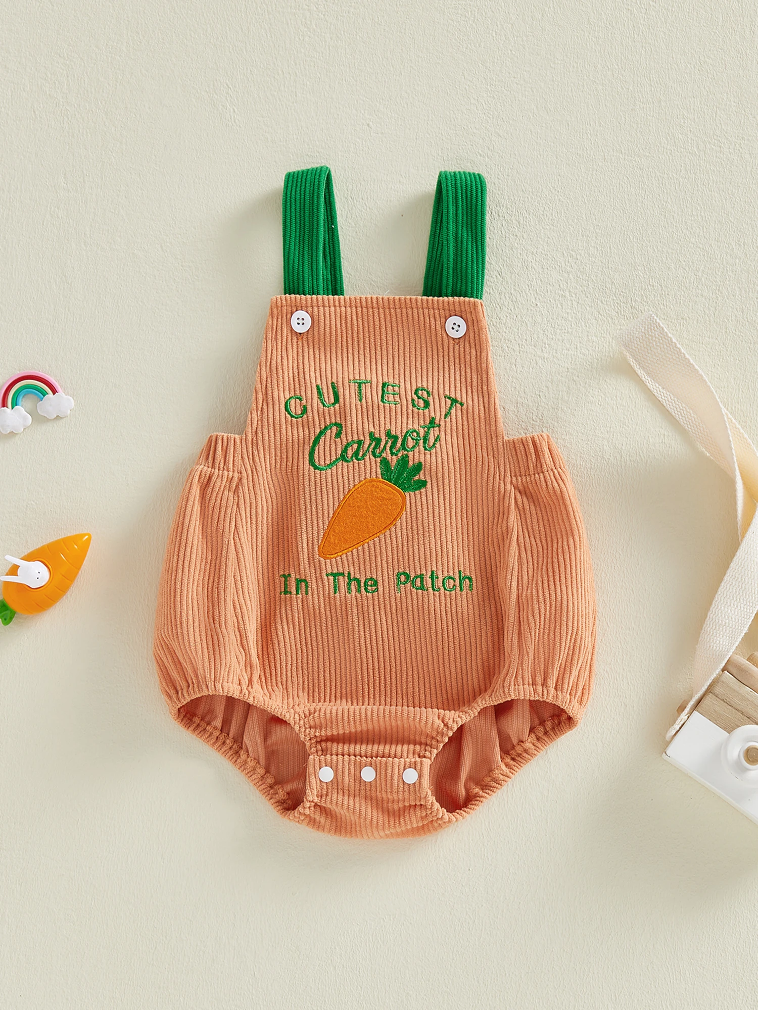

Infant Easter Jumpsuit with Sleeveless Design and Adorable Carrot Embroidery Square Neckline and Newborn Overalls for Baby