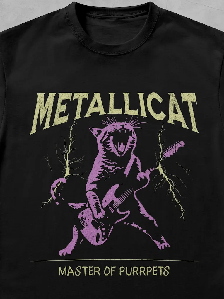 Metallicat Shirt, Funny Cat T-Shirt, Heavy Metal Music Tee, Thrash Rock Gift, Guitar Cat, Metalhead Clothing, Cat Dad Gift