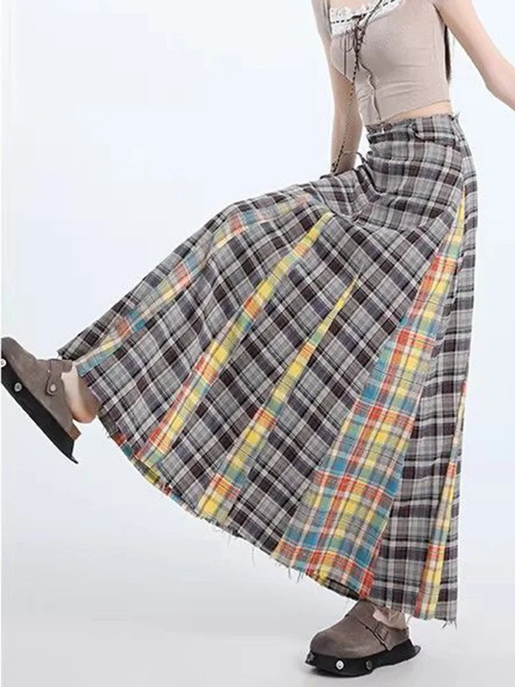 

Винтажная женская длинная юбка в клетку, свободного кроя, в стиле преппи, ретро, американский кэжуал, с завышенной талией, А-силуэт