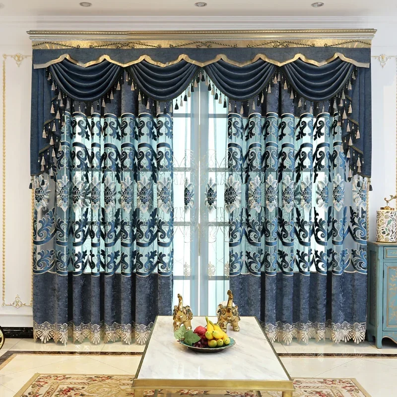 European Curtains for Living Dining Room Bedroom Chenille Water-soluble Large Hollow Embroidery Fabric Blue