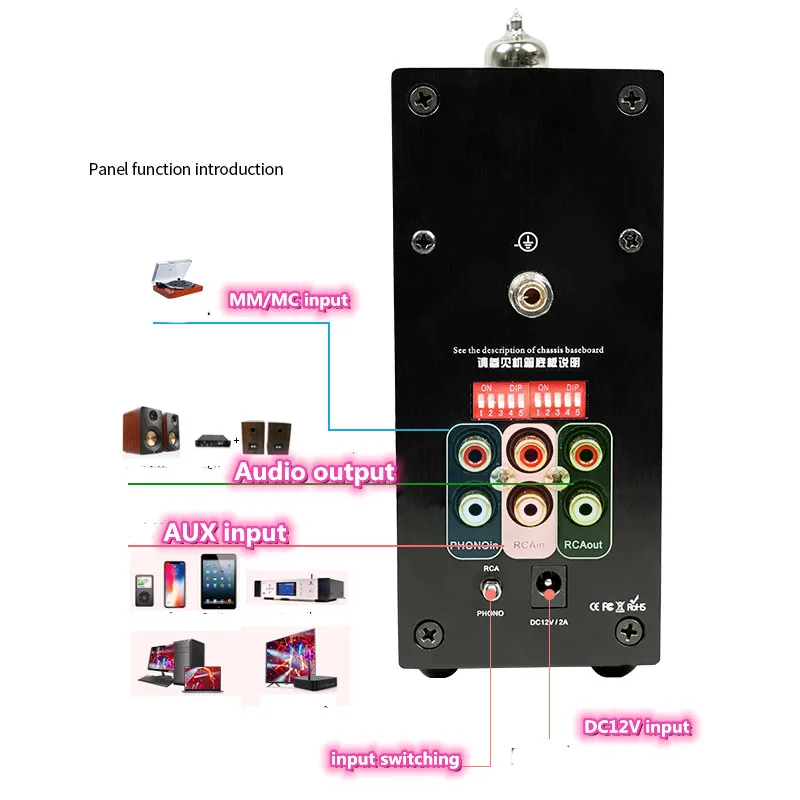 Preamplificador de tubo de vacío Mini Vertical, amplificador de Audio de escritorio para el hogar, reproductor de discos de vinilo MM/MC, DC12V 6A2