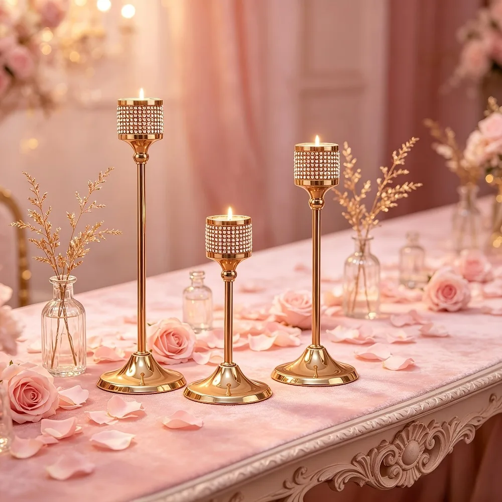 3pcs Light Luxury Style Golden Rhinestone Candle Holders Creating A Refined Elegant and Warm Home Atmosphere