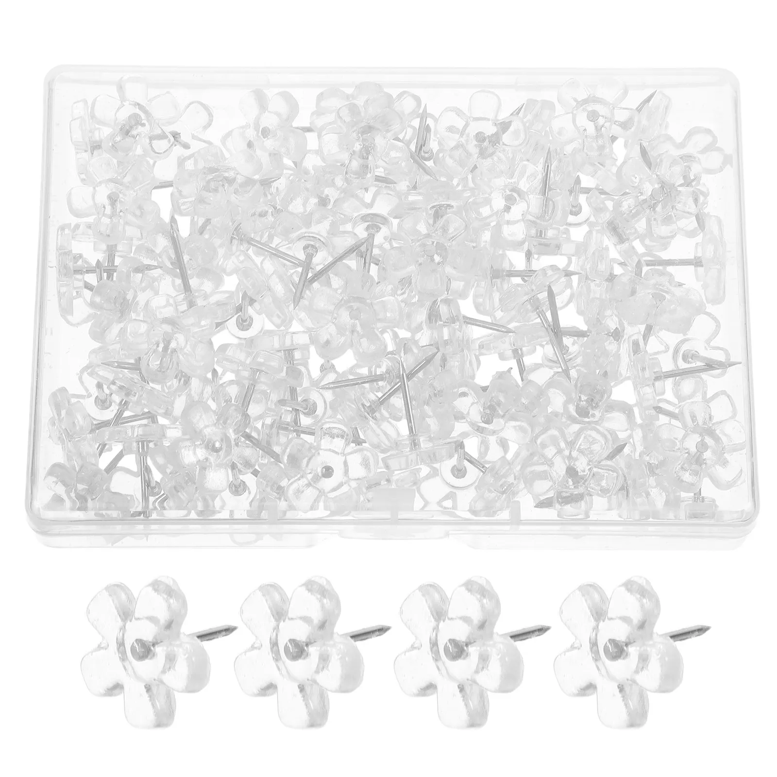 

100Pcs Plum Blossom Shaped Pushpins Clear Plastic Iron Tips Ergonomic Office Bulletin Board Map Marking Thumbtacks Decorative