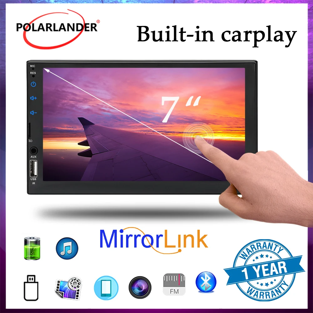 

7-дюймовая 2-DIN автомагнитола с беспроводным CarPlay, MP5-плеером, Bluetooth, FM, сенсорным экраном, Mirror Link и камерой заднего вида