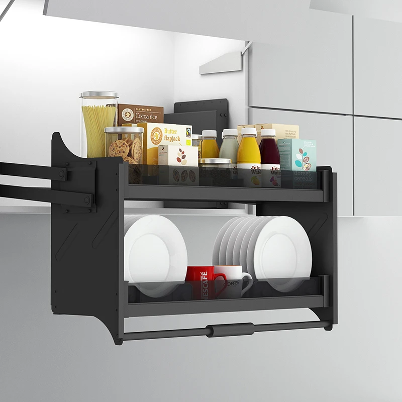 Full Aluminum Cabinet Overhead Lift Basket Double-Layer Drop-Down Cabinet Lift Bowl and Plate Shelf