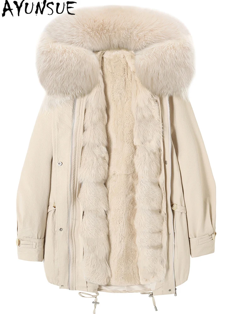معطف فرو أرنب ريكس من AYUNSUE 2025 سترة من الفرو الحقيقي ملابس شتوية للنساء بياقة من فرو الثعلب الدافئ معاطف نسائية بقلنسوة Ojzt Жengarško