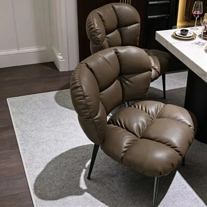 Puffy Cloud PU Leather Dining Chair Armless Thick Sponge Cushion Quilted Seat Backrest Modern Metal Legs Hotel Restaurant Cafe
