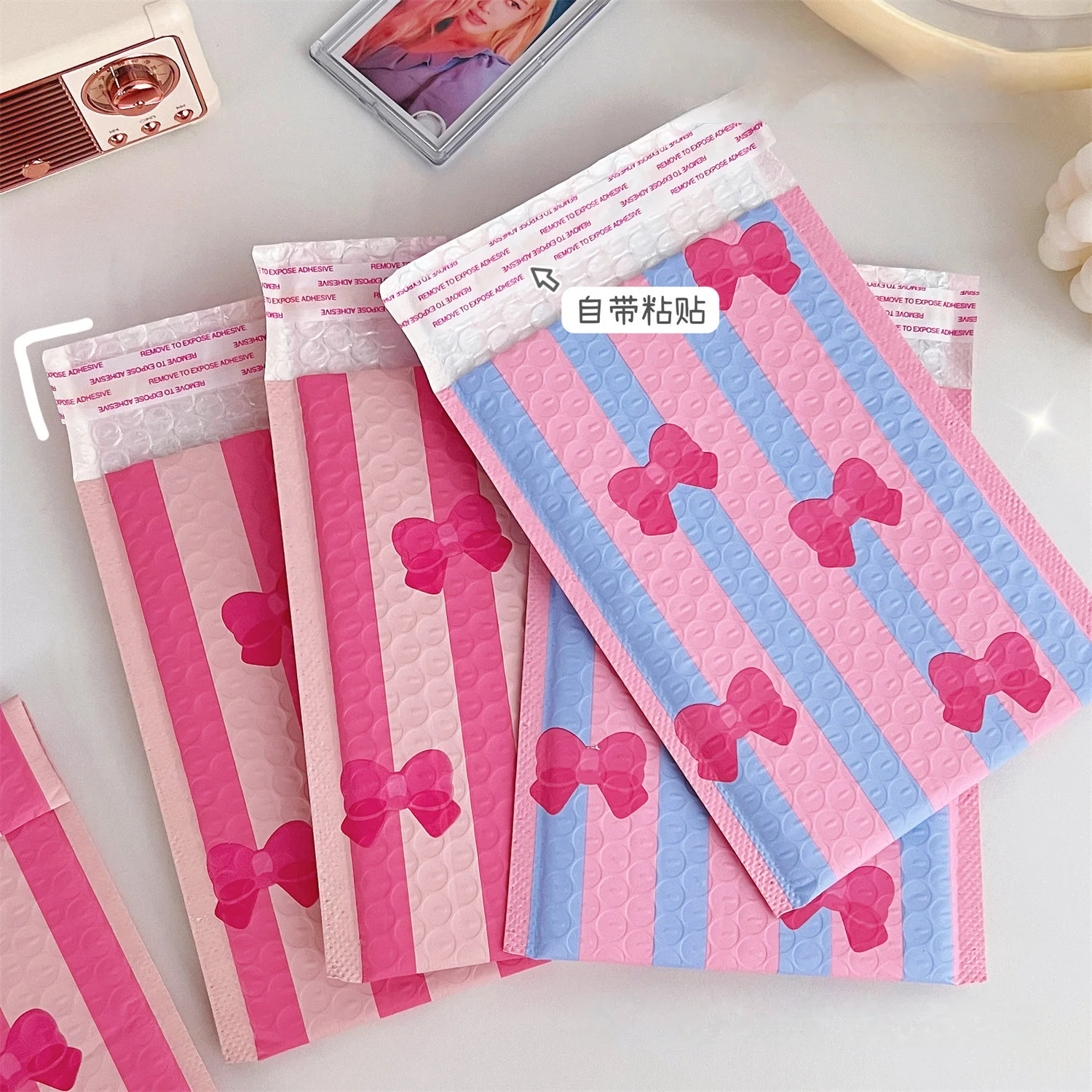 10Pcs Pink Blue Bow Bubble Bag Thickened Express Delivery Bag Packaging Bag Batch Packaging Bag Cute Bubble Envelope Bag