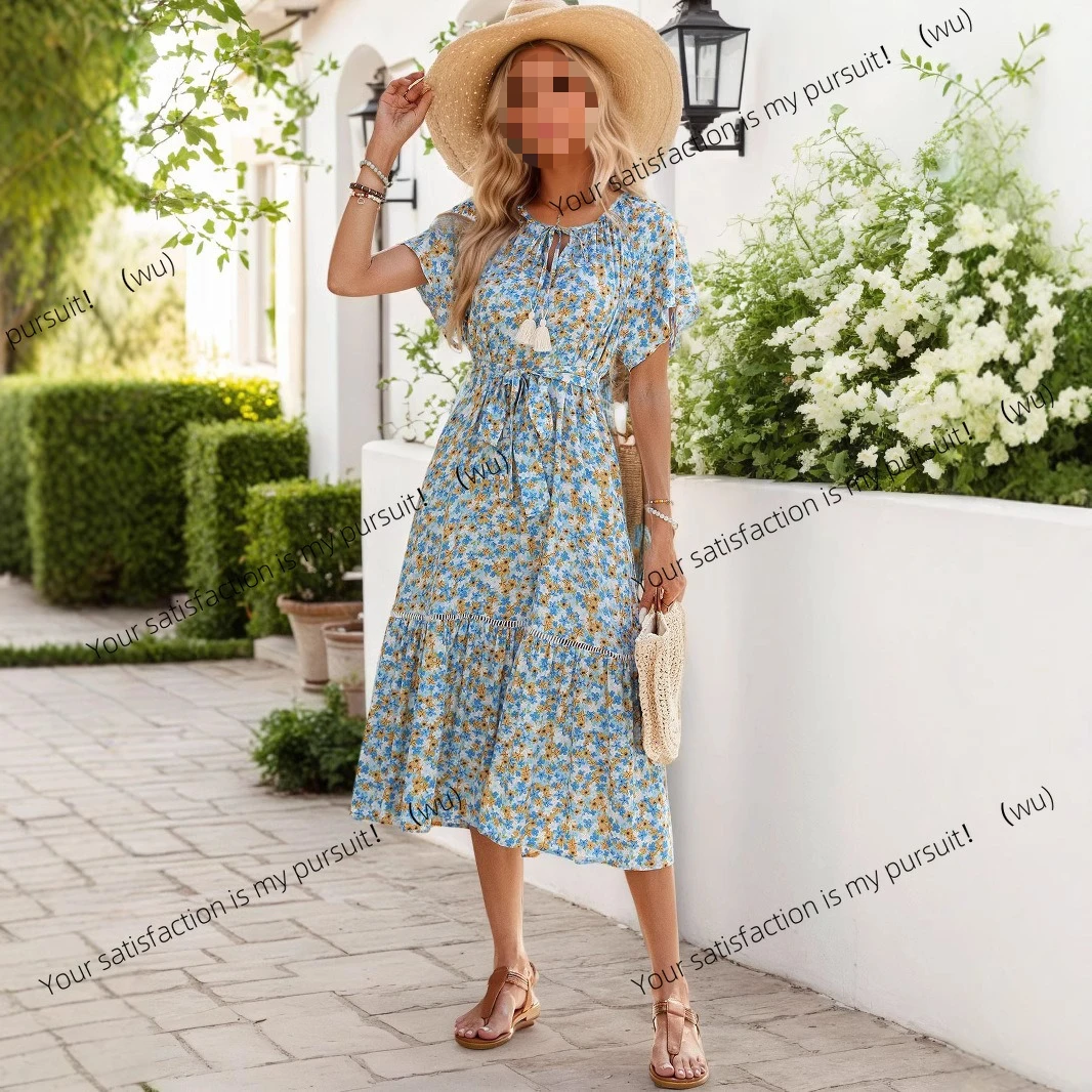 

ZOCI-Платье с короткими рукавами и полой кружевной лоскутной юбкой с рюшами и принтом для женщин