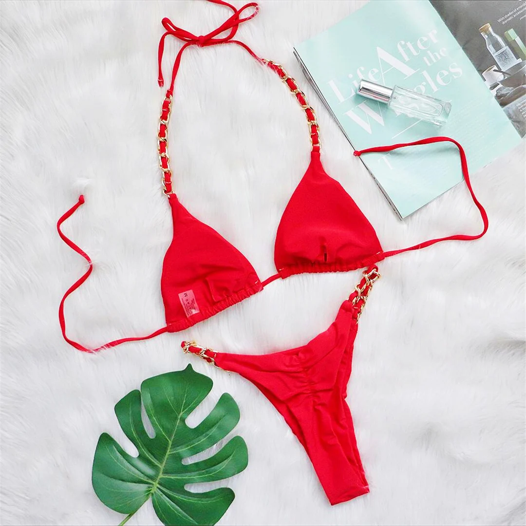 Metallring-Neckholder-Bikini mit Scrunch-Butt-String, Damen-Badeanzug, zweiteiliger Bikini-Set, Badebekleidung, Badeanzug, Schwimmbikini V4391 – Detail 23