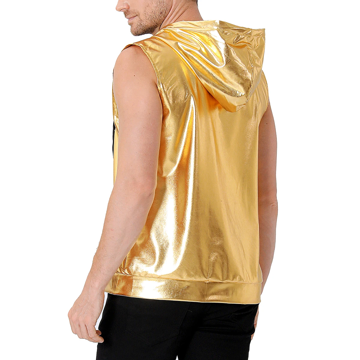 Gold Mens Hooded Vest Jacket Zipper Access Sleeveless Vests Coat SilverBlack Waistcoat 70s Disco Performance Costume