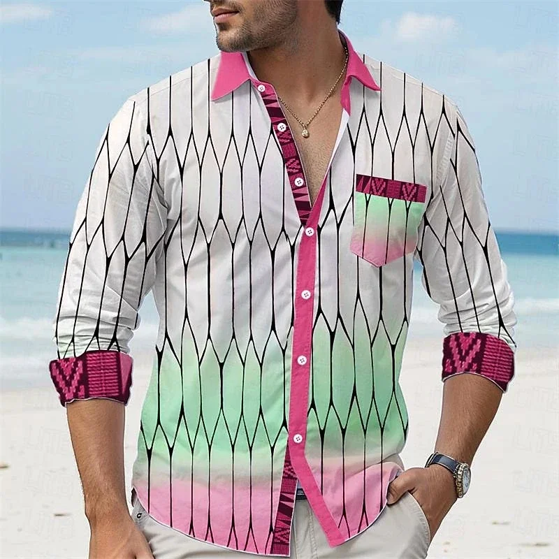 Men's 3D Printing Plant Print Long Sleeve Shirt Hawaiian Simple Business Casual Button Shirt Beach Vacation Men's Shirt