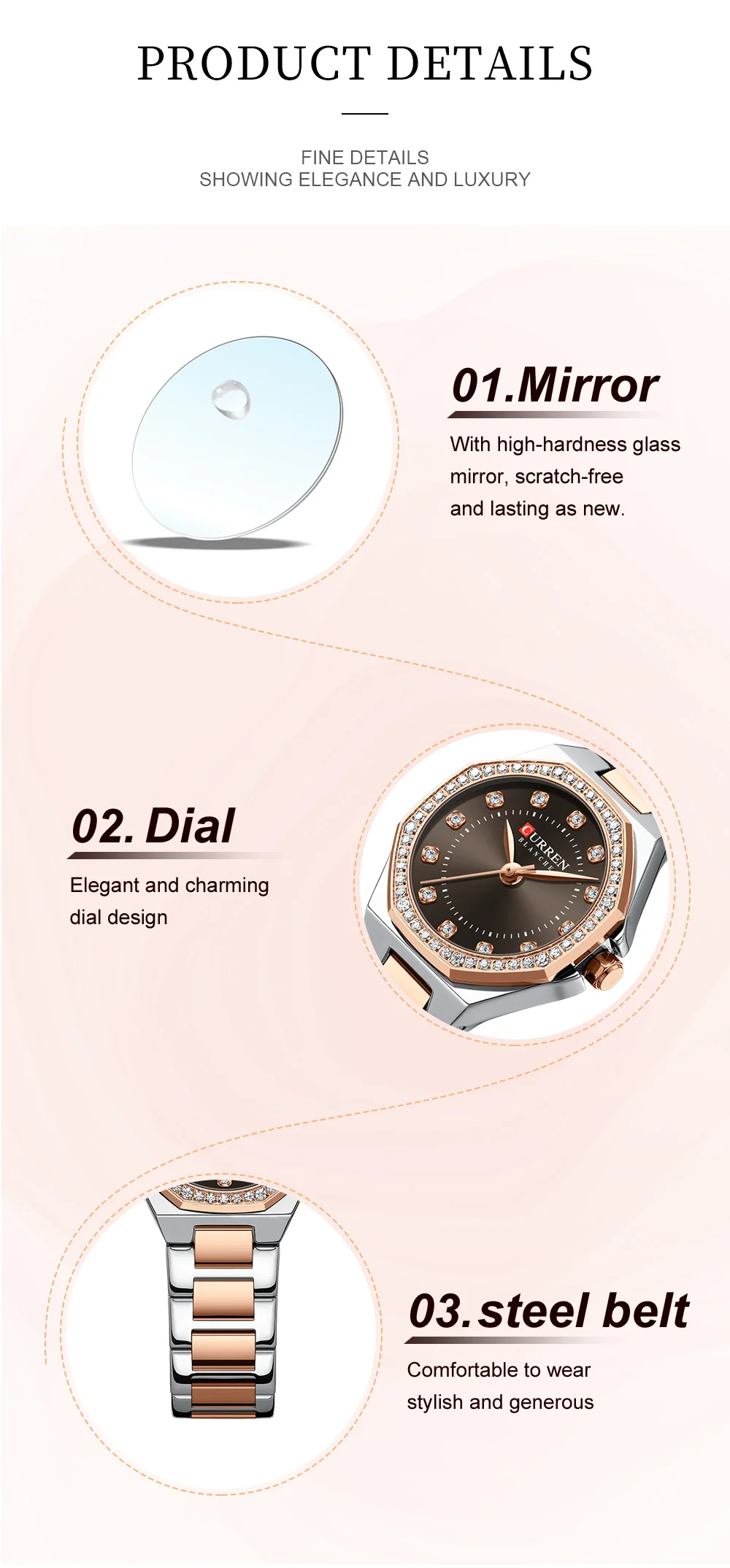 CURREN Modische Damenuhr mit zweifarbigem Edelstahlarmband, Strassbesetzter Lünette, Quarzwerk, Luxuriöses Elegantes Geschenk für Sie – Detail 6