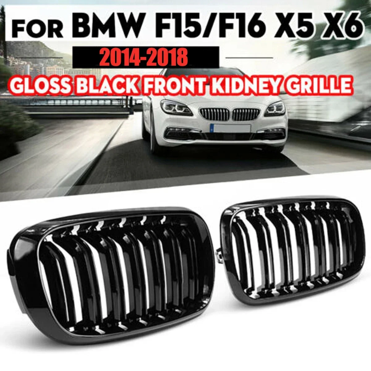 

Glossy Black Car Grille Grill Front Kidney 2 Line Double Slat For BMW X5 F15 X6 F16 X5M F85 X6M F86 2014-2018 Front Bumper Grill