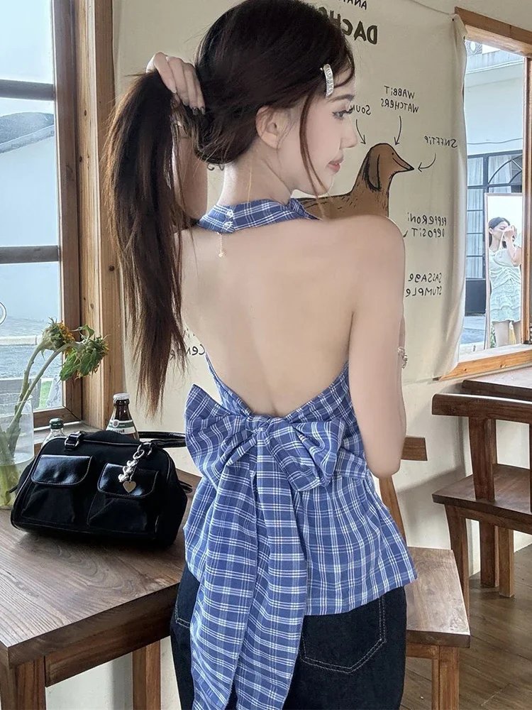 V Neck Ruffles Plaid Tanks Women Sexy Backless Bow Slim Vintage Tanks Tops Summer Korean Casual Halter Elegant Retro Tanks