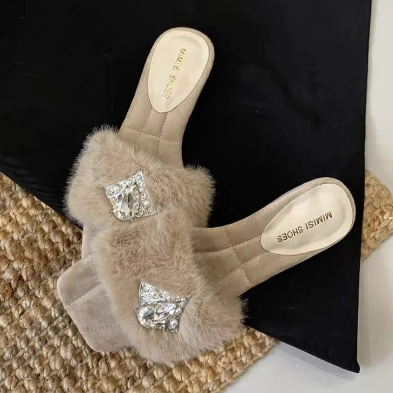 Fluffy Autumn Winter Slippers for Women Diamond Fake Fur Kitten Heel Slides Female Fashion Rhinestone House Slippers Female