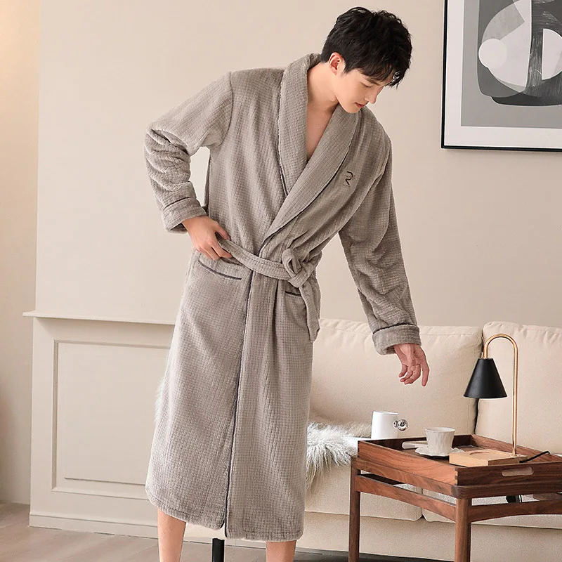 

New Autumn Winter Bathrobe Men Island Fleece Sleep Tops Kimono Robes For Male Flannel Robes Long Bath Robe Bride Dressing Gown