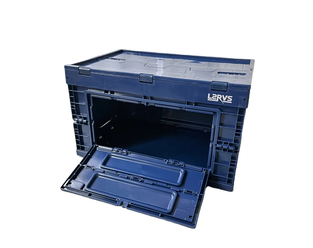 

Promotion 65L Navy Blue Color Collapsible Box Camping Home Plastic Folding Storage Crate Box with Front Open